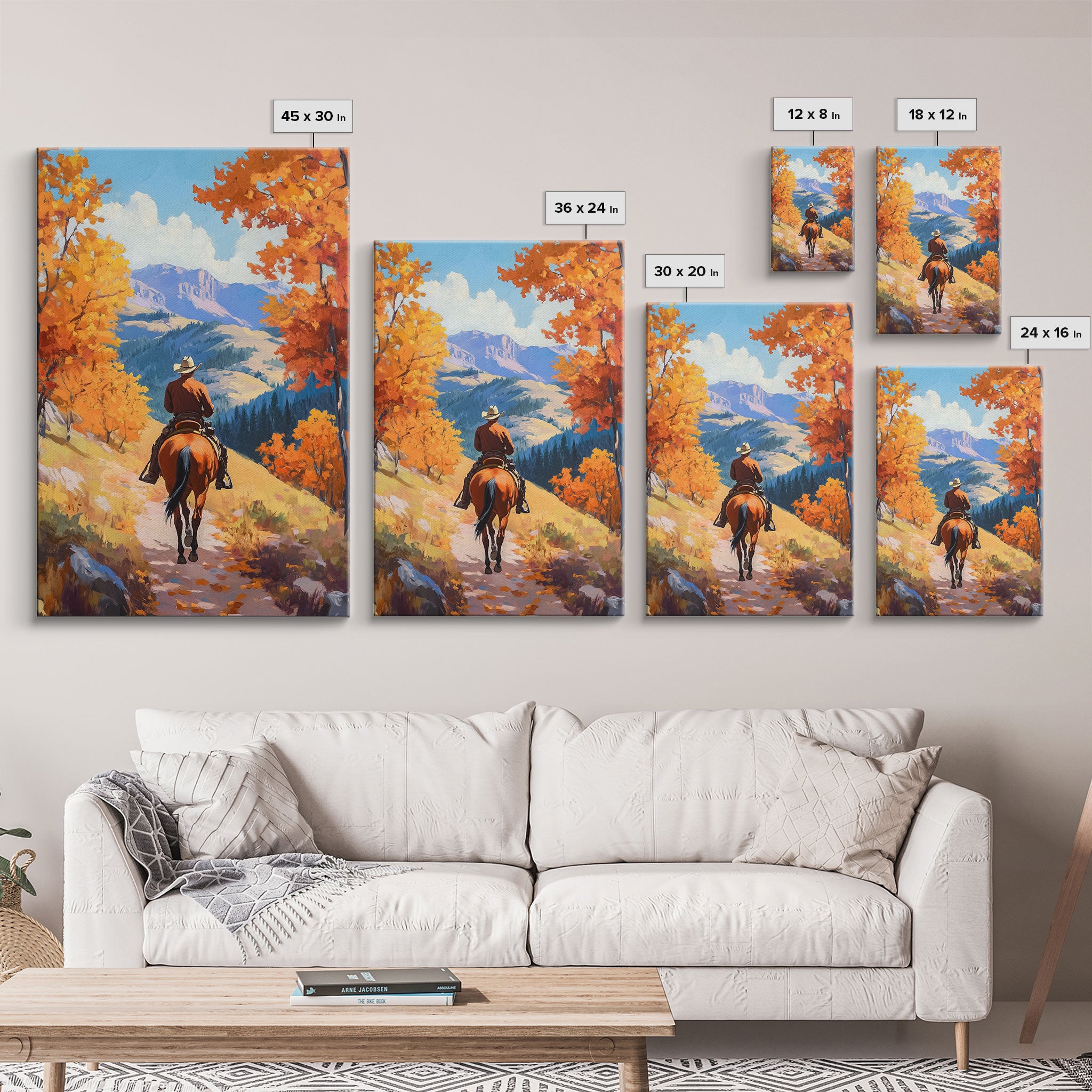 Cowboy Riding Through Autumn Mountains Framed Canvas Print Fall Landscape Art Christmas Decor Seasonal Wall Art Cowboy Christmas Gift Idea