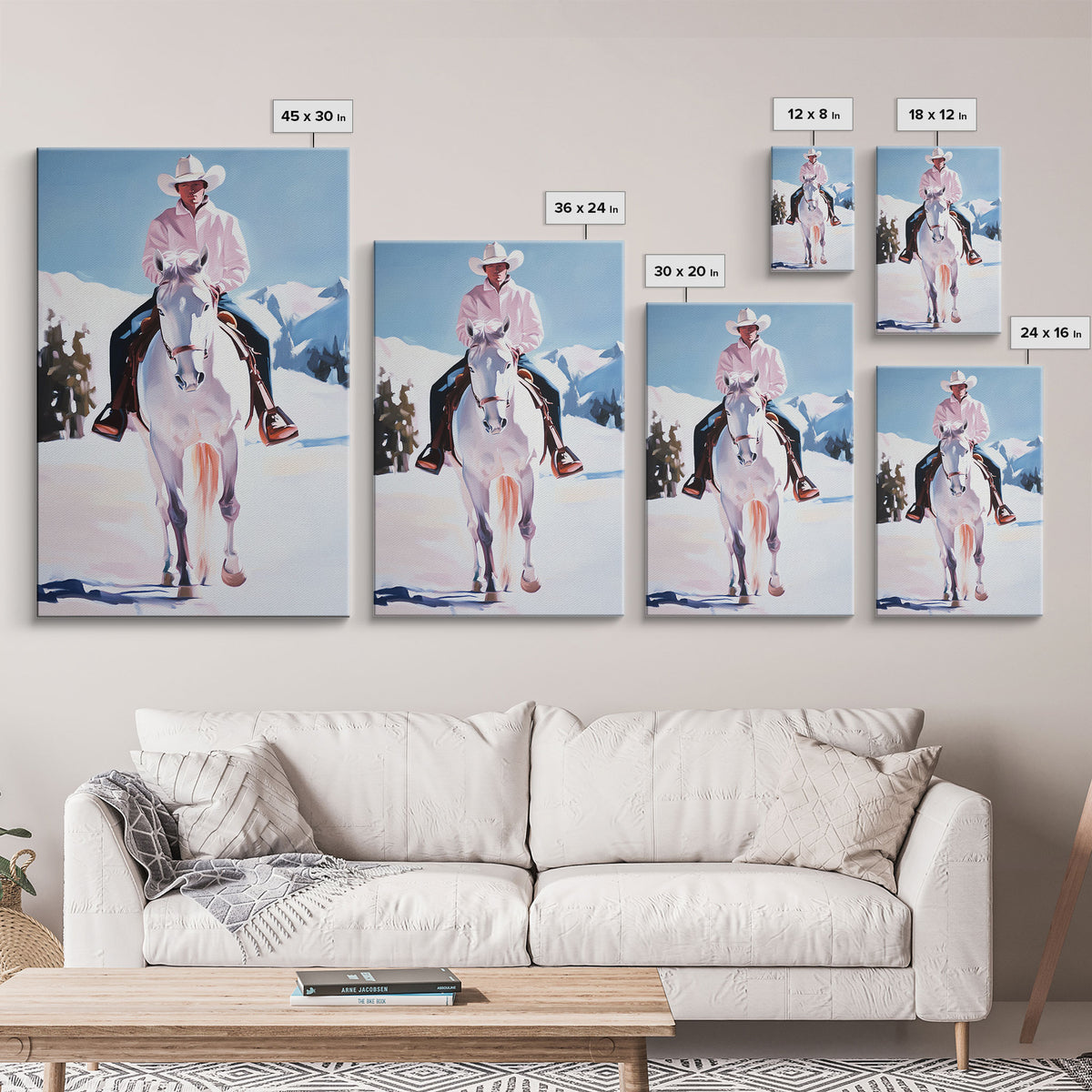 Lone Cowboy on White Horse in Snowy Landscape Canvas Print Winter Christmas Art Seasonal Wall Art Vintage Christmas Moody Landscape Gift