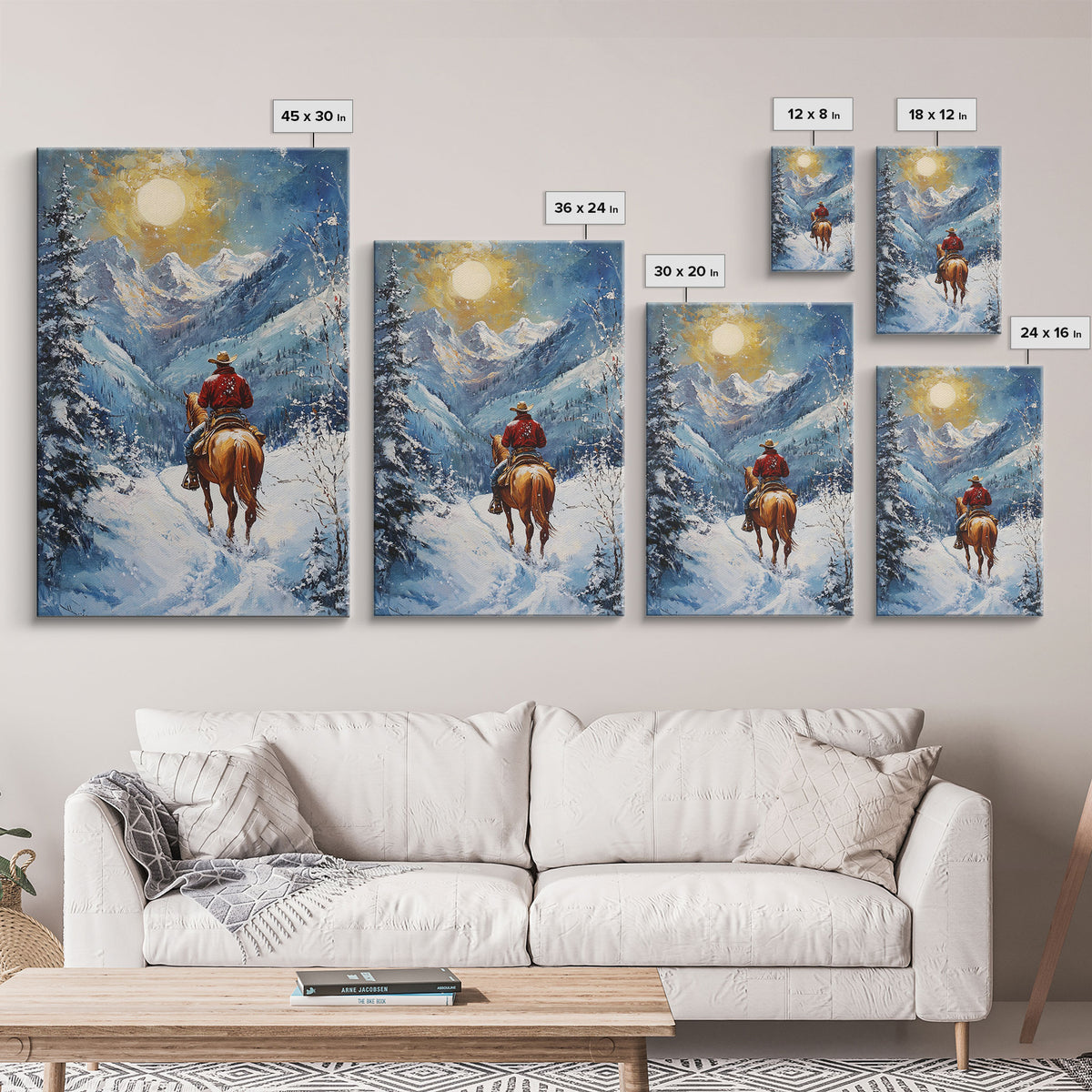 Cowboy in Winter Mountain Scene Canvas Print Christmas Wall Art Vintage Christmas Decor Winter Wonderland Gift Idea Seasonal Wall Art