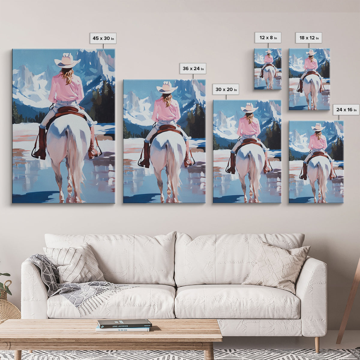 Female Cowboy Riding Through Winter Mountains Framed Canvas Print Christmas Wall Art Winter Wonderland Vintage Christmas Gift Wall Art