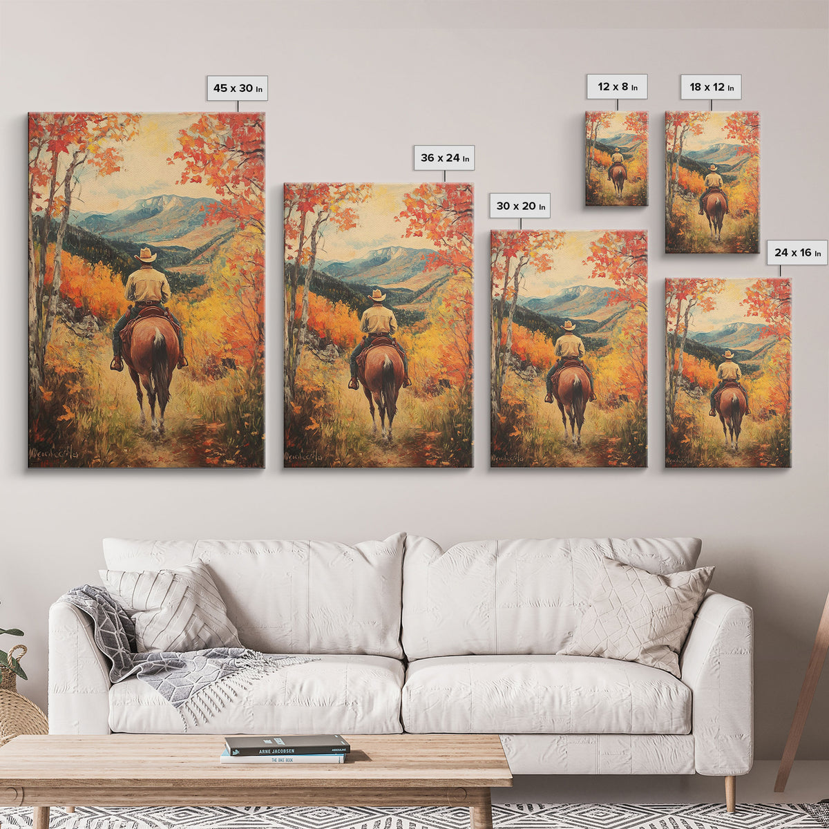 Cowboy in Autumn Landscape Canvas Print Fall Wall Art Vintage Christmas Wall Decor Country Christmas Gift Seasonal Wall Art Fall Decor