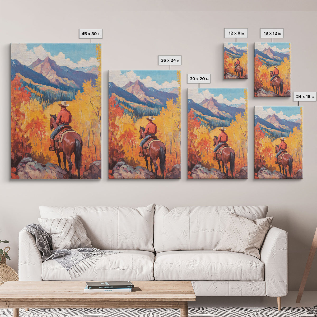 Cowboy in Snowy Mountain Valley Framed Canvas Print Christmas Wall Art Winter Wonderland Vintage Christmas Decor Gift Idea Moody Landscape