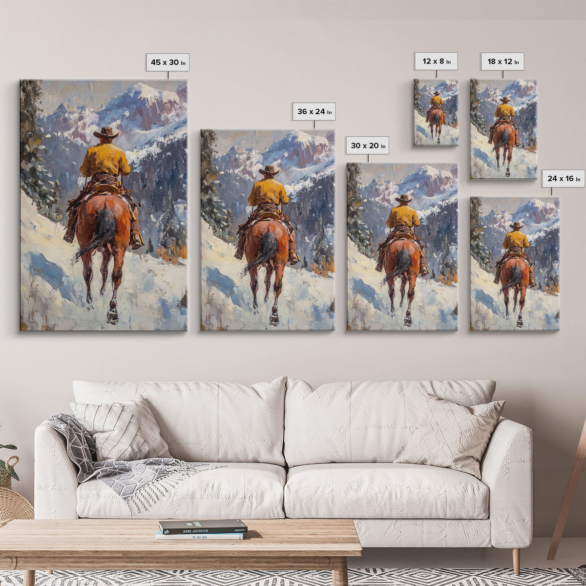 Cowboy on Horseback in Autumn Mountains Canvas Print Fall Wall Art Vintage Christmas Decor Country Christmas Wall Art Gift Idea Seasonal Art