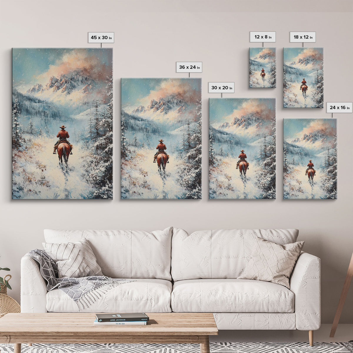 Cowboy in Winter Mountains Framed Canvas Print Christmas Wall Art Winter Wonderland Decor Vintage Christmas Gift Idea Moody Landscape Art