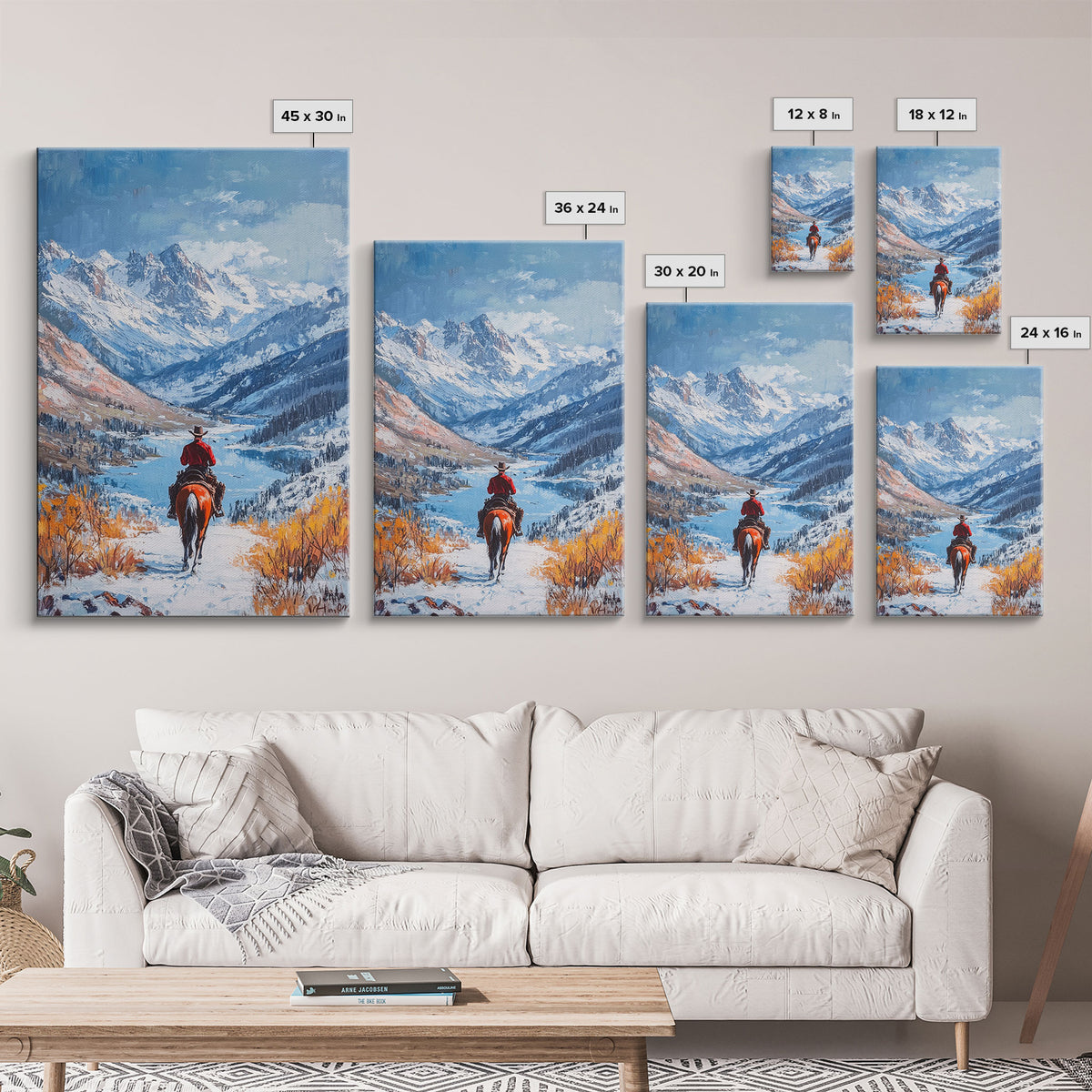 Cowboy in Snowy Mountain Range Canvas Print Winter Wonderland Art Christmas Decor Seasonal Wall Art Vintage Christmas Gift Christmas Decor