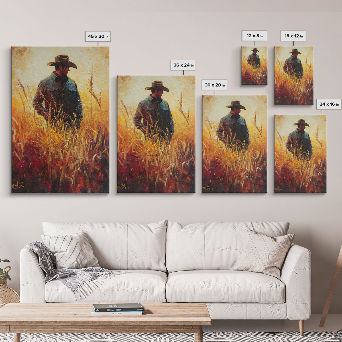 Cowboy in Golden Wheat Field Canvas Print, Western Landscape Art Gift, Seasonal Decor, Modern, Perfect Holiday Gift, Framed Canvas Print
