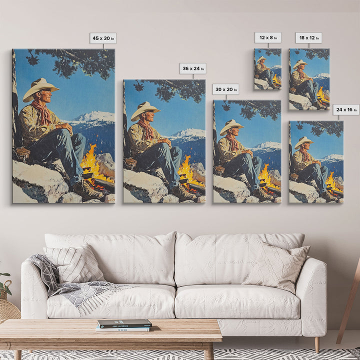 Cowboy Resting by the Fire Canvas Print, Winter Mountain Scene, Seasonal Wall Art, Rustic Western Decor, Holiday Gift, Framed Canvas Print