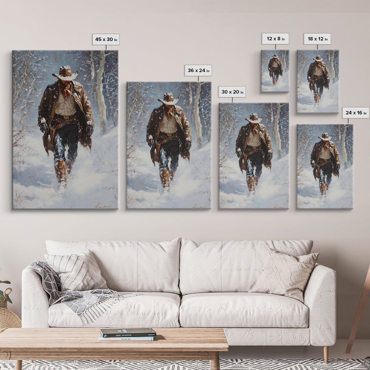 Cowboy Riding Horse in Snowy Forest Canvas Print, Winter Wall Art, Western, Rustic Christmas Wall Art, Seasonal Holiday Decor, Canvas Print