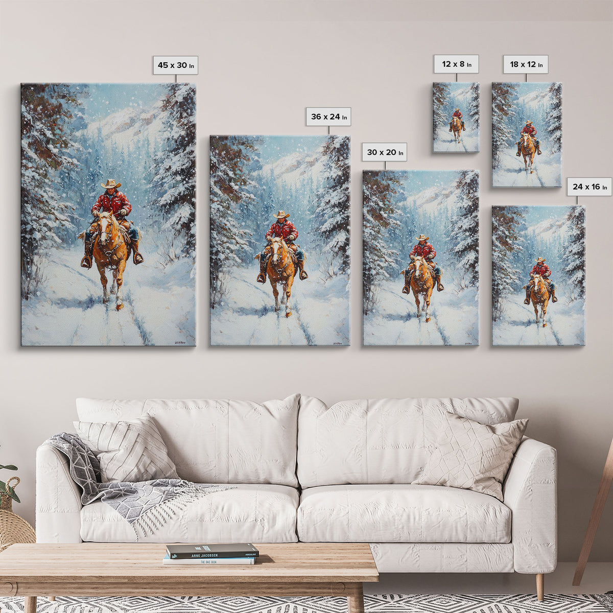 Cowboy Walking Through Snowy Winter Forest Canvas Print, Western Christmas Art Gift, Holiday Wall Decor, Rustic Art, Framed Canvas Print