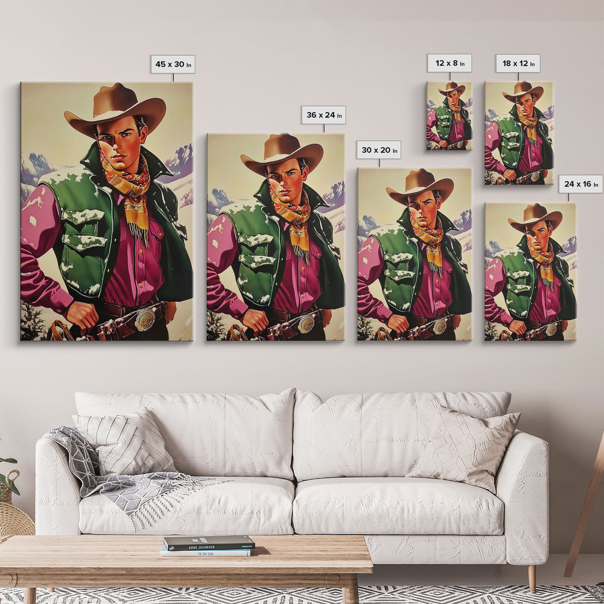 Retro Cowboy in Snowy Mountain Canvas Print, Winter Wall Art, Holiday Decor, Vintage Christmas Art, Rustic Wall Decor, Framed Canvas Print