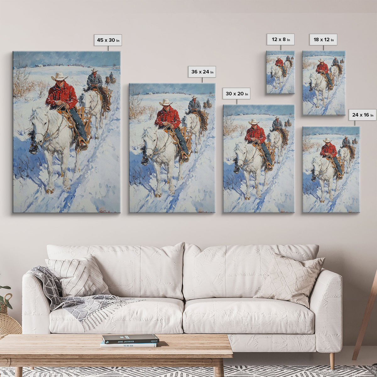 Cowboy Riding Horses in Snow Canvas Print, Winter Wall Art, Rustic Christmas Decor, Holiday Gift Idea, Seasonal Art, Framed Canvas Print