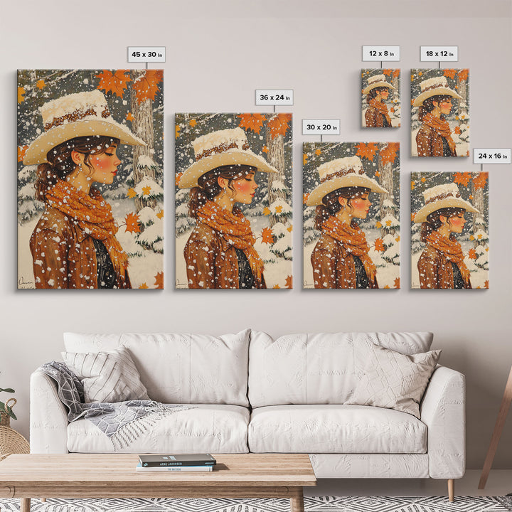 Snowy Cowgirl in Fall Scene Canvas Print, Seasonal Holiday Art, Rustic Christmas Decor, Farmhouse Wall Art, Winter Wonderland Wall Print