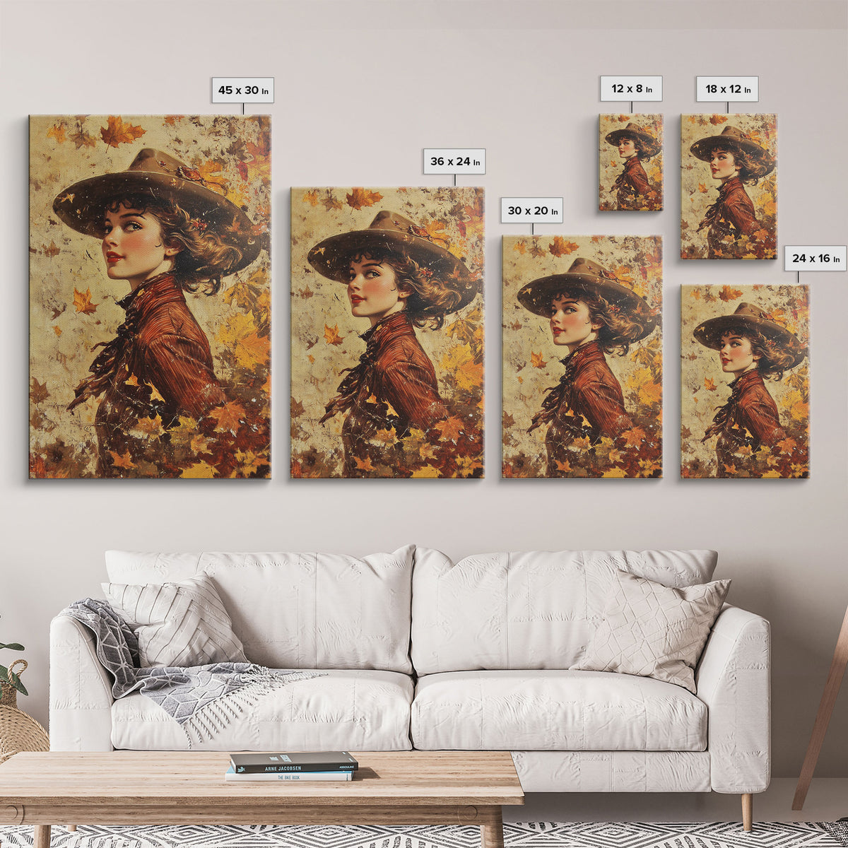 Autumn Cowgirl Portrait Canvas Print, Vintage Fall Wall Art, Farmhouse Decor, Holiday Art, Perfect Home Decor Gift Idea, Framed Canvas Print