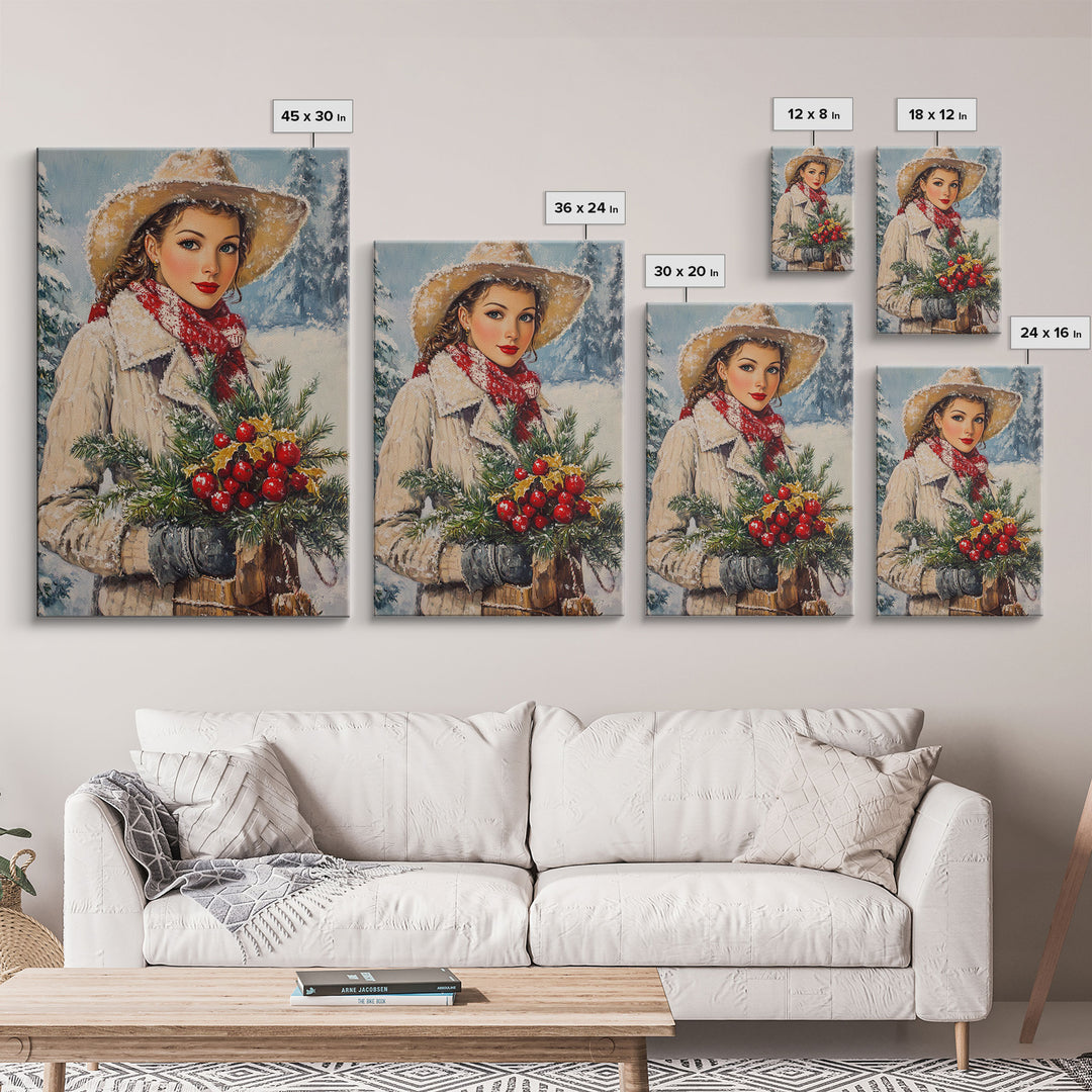 Cozy Christmas framed canvas print woman carrying holiday greenery in snowy winter scene perfect for vintage Christmas home decor
