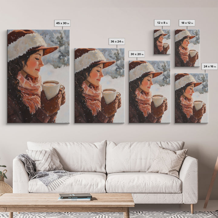 Framed canvas print of a peaceful winter scene with a woman a hot chocolate perfect for holiday gift idea or rustic Christmas wall art decor