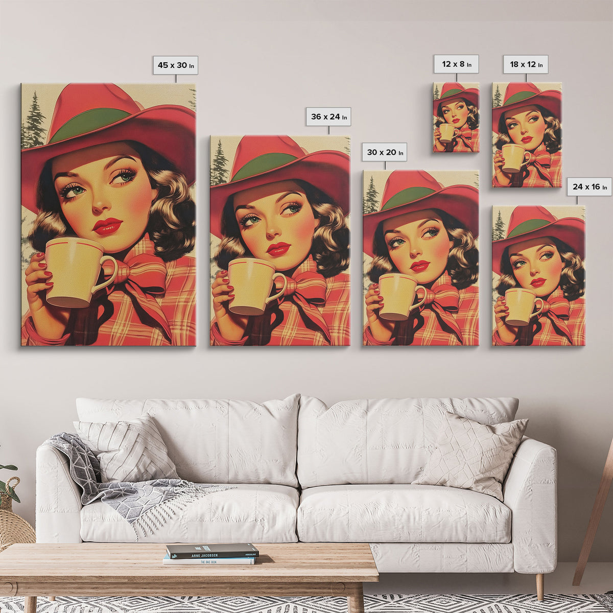 Retro Christmas holiday art framed canvas print a stylish woman with coffee holiday wall art perfect for vintage Christmas home decor