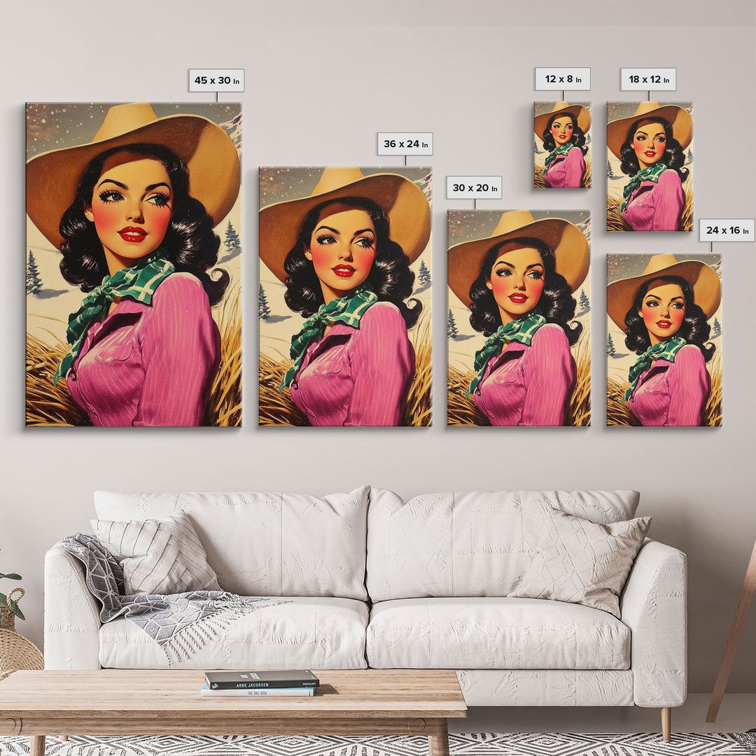 Retro Christmas framed canvas print festive cowgirl in a snowy landscape perfect holiday wall art or vintage Christmas home decor gift idea