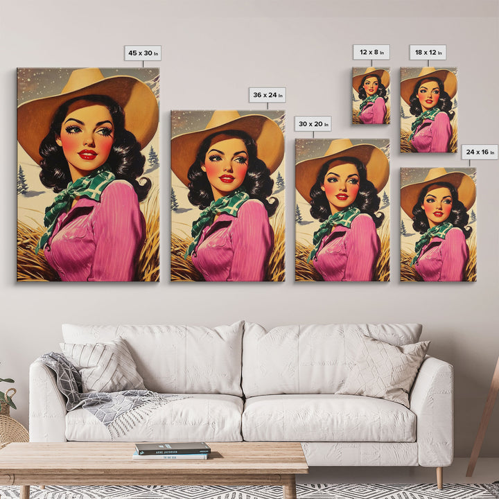 Retro Christmas framed canvas print festive cowgirl in a snowy landscape perfect holiday wall art or vintage Christmas home decor gift idea