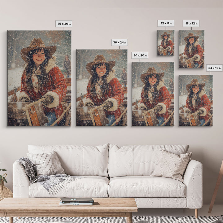 Country Christmas framed canvas print cheerful woman enjoying a snowy ride perfect seasonal wall art or vintage holiday home decor idea
