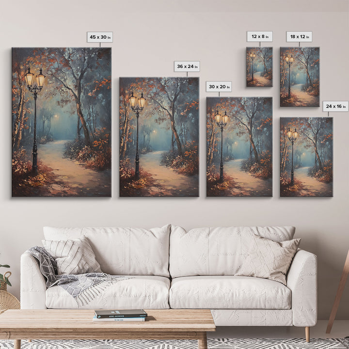 Spooky Street Lights In The City Park, Framed Canvas Print, Wood Framed Wall Art, Fall Decor, Holiday Decor, Seasonal Gift Idea