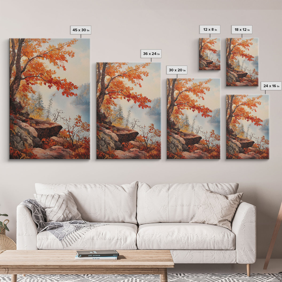 Fall In The Virginia Mountains - Framed Canvas Print - Autumn Leaves Falling On The Mountain Lake Landscape