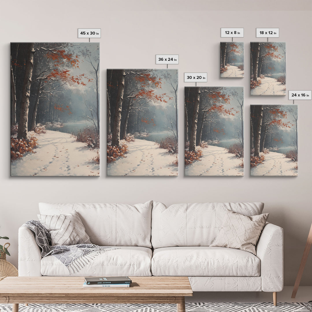 Framed Canvas Print of a Snowy Path with Trees and Red Leaves, Winter Wall Art, Moody Landscape, Best Gift Idea, Modern Christmas Decor