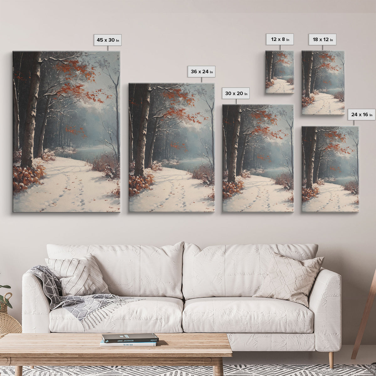 Framed Canvas Print of a Snowy Path with Trees and Red Leaves, Winter Wall Art, Moody Landscape, Best Gift Idea, Modern Christmas Decor