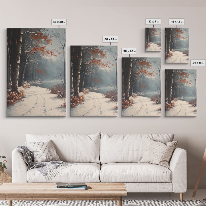 Framed Canvas Print of a Snowy Path with Trees and Red Leaves, Winter Wall Art, Moody Landscape, Best Gift Idea, Modern Christmas Decor