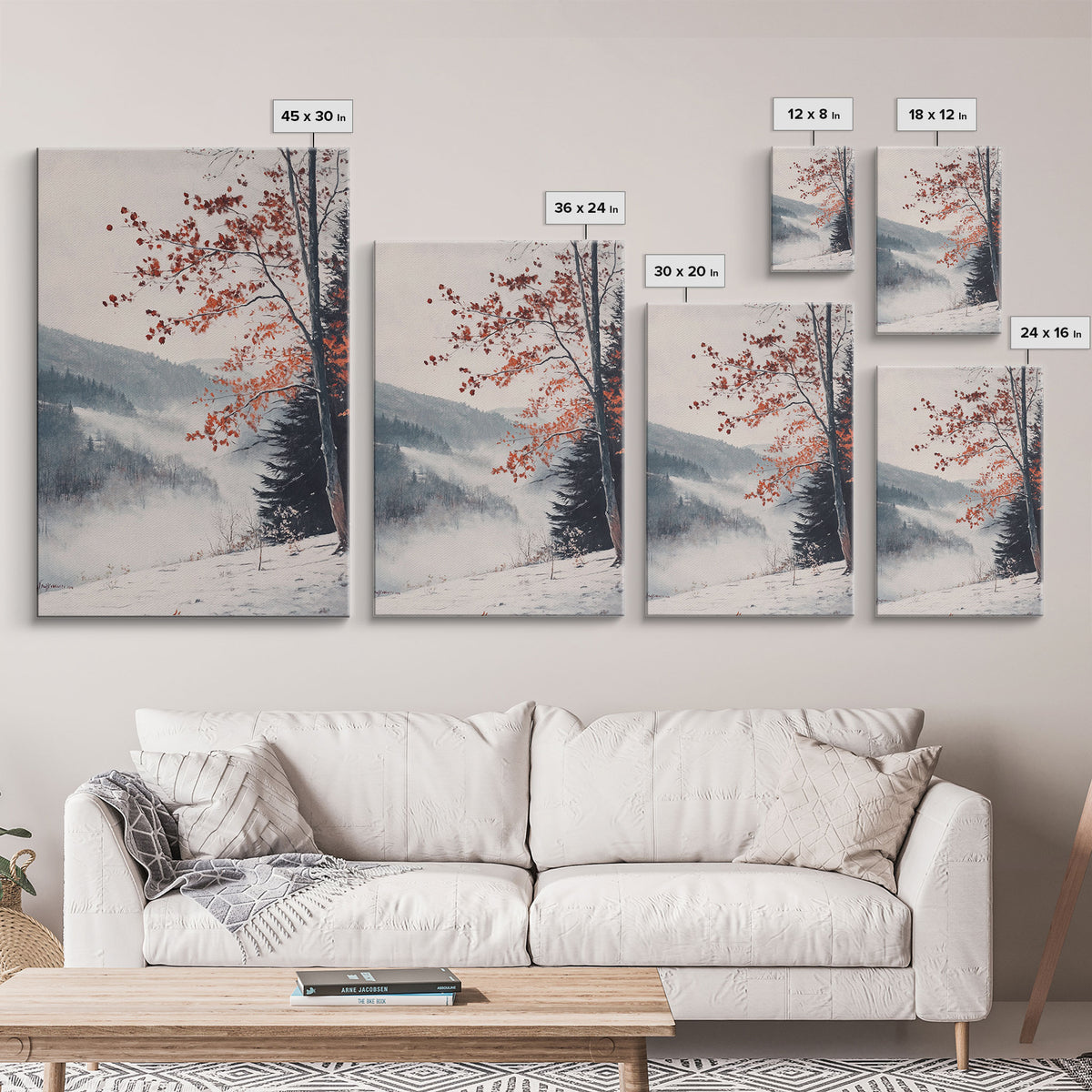 Canvas Print of Snowy Mountain Trees Red Leaves, Winter Wonderland Wall Art, Best Gift Idea, Moody Landscape, Rustic Christmas Decor