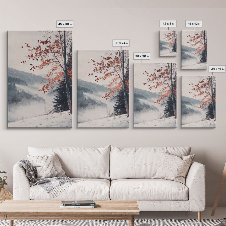 Canvas Print of Snowy Mountain Trees Red Leaves, Winter Wonderland Wall Art, Best Gift Idea, Moody Landscape, Rustic Christmas Decor