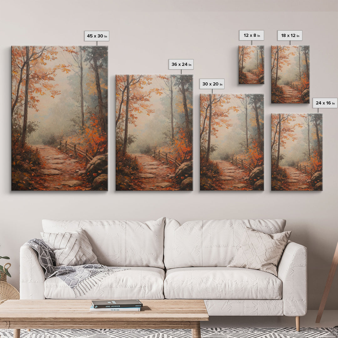 Framed Canvas Print of a Fall Path with Fence and Trees, Autumn Wall Art, Rustic Country Decor, Best Gift Idea, Modern Farmhouse Fall Decor