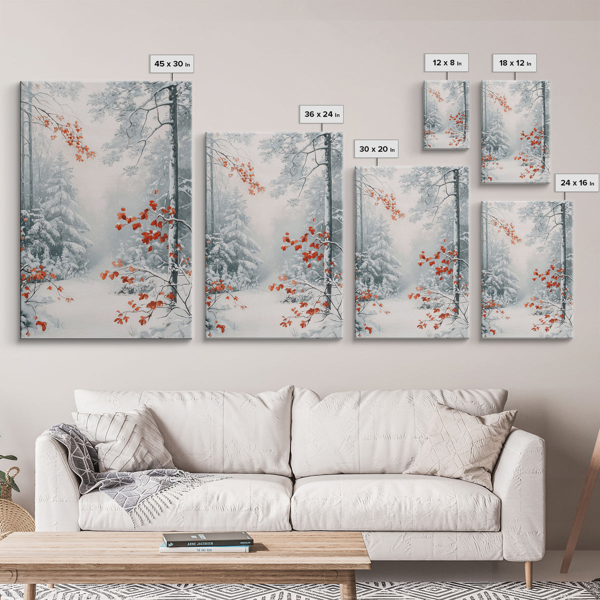 Canvas Print of Winter Wonderland with Red Leaves in Snow, Winter Wall Art, Best Gift Idea, Moody Landscape, Christmas Home Decor