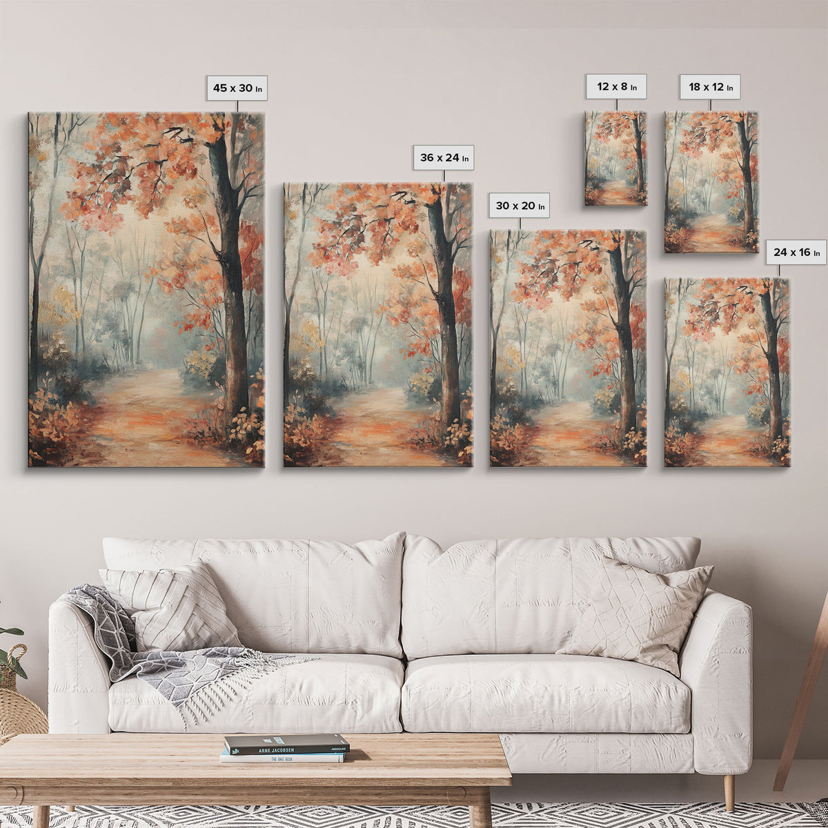 Framed Canvas Print of Foggy Autumn Forest with Red Leaves, Moody Landscape Wall Art, Fall Seasonal Decor, Best Gift Idea, Modern Farmhouse