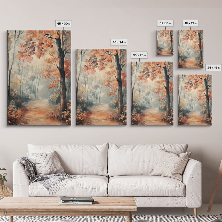 Framed Canvas Print of Foggy Autumn Forest with Red Leaves, Moody Landscape Wall Art, Fall Seasonal Decor, Best Gift Idea, Modern Farmhouse