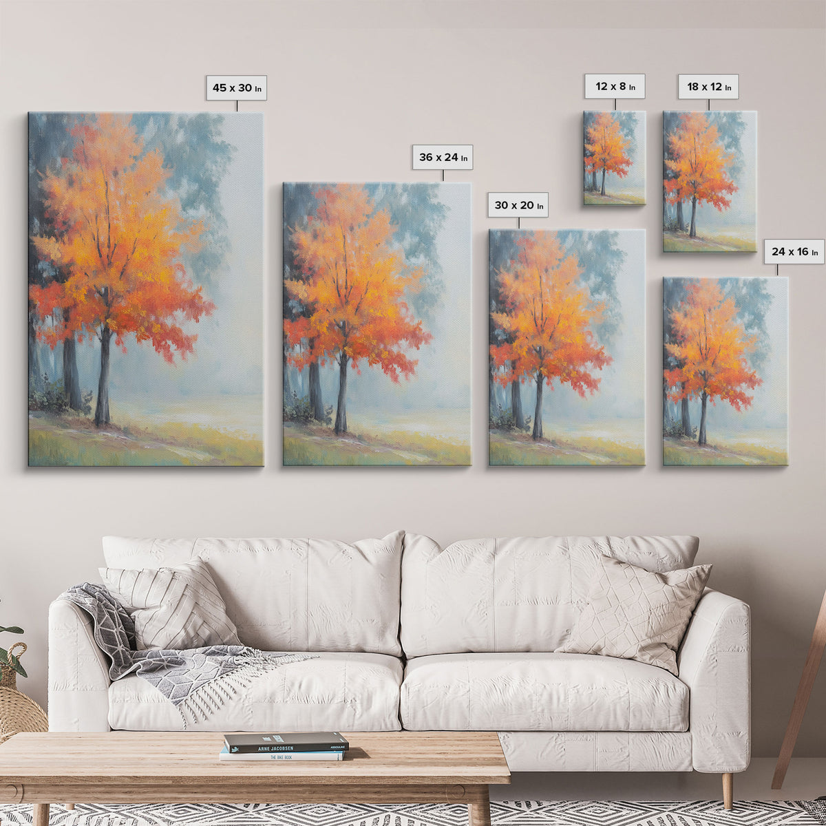 Canvas Print of Vibrant Autumn Tree in Misty Background, Seasonal Wall Art, Fall Decor, Best Gift Idea, Modern Farmhouse Landscape Art