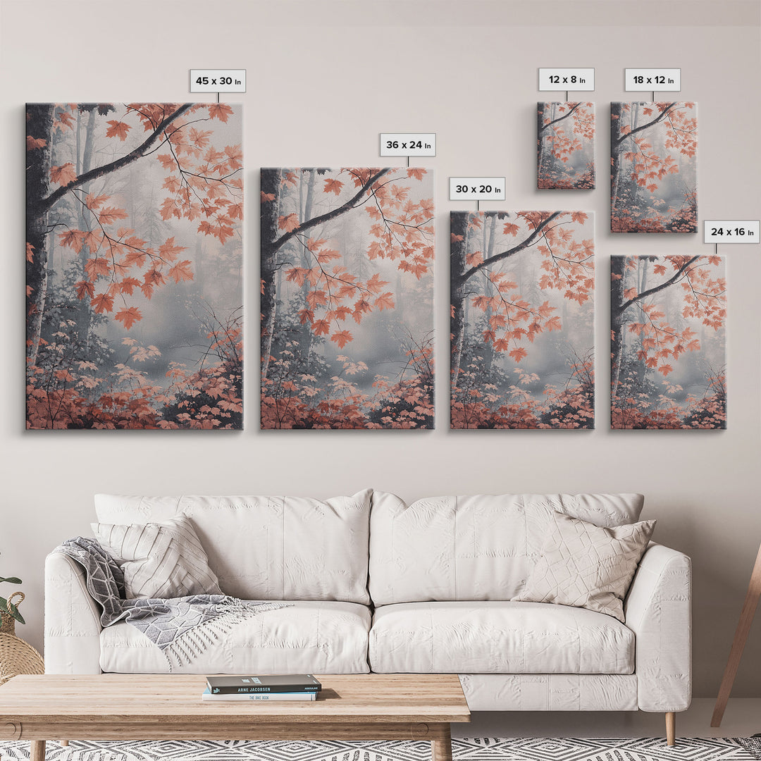 Framed Canvas Print of Fall Leaves on Branches in Misty Forest, Moody Landscape Wall Art, Fall Decor, Gift Idea, Farmhouse Seasonal Art