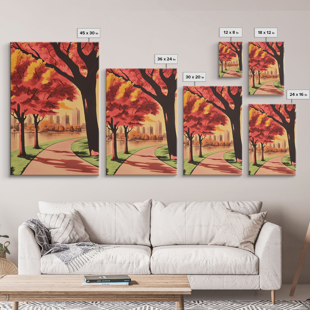 Canvas Print of City Park with Autumn Trees and Path, Seasonal Wall Art, Modern Farmhouse Decor, Best Gift Idea, Fall Cityscape Art
