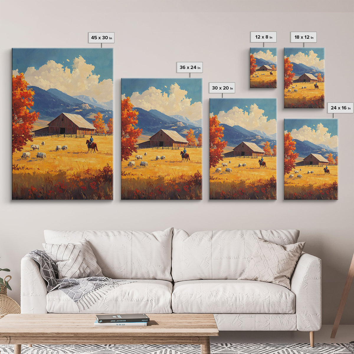 Cowboy Herding Cattle Framed Canvas Print Rustic Autumn Landscape With Barn And Vibrant Fall Colors Perfect Country Christmas Decor Art