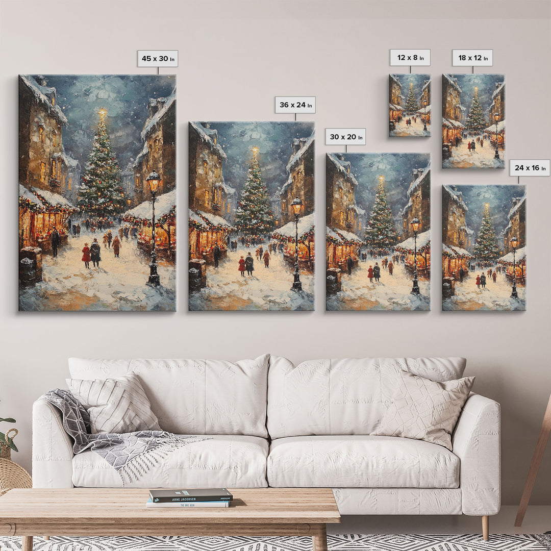 Christmas Market Scene With Tree And Snow Framed Canvas Print Vintage Holiday Village Scene Perfect For Christmas Wall Art And Holiday Decor
