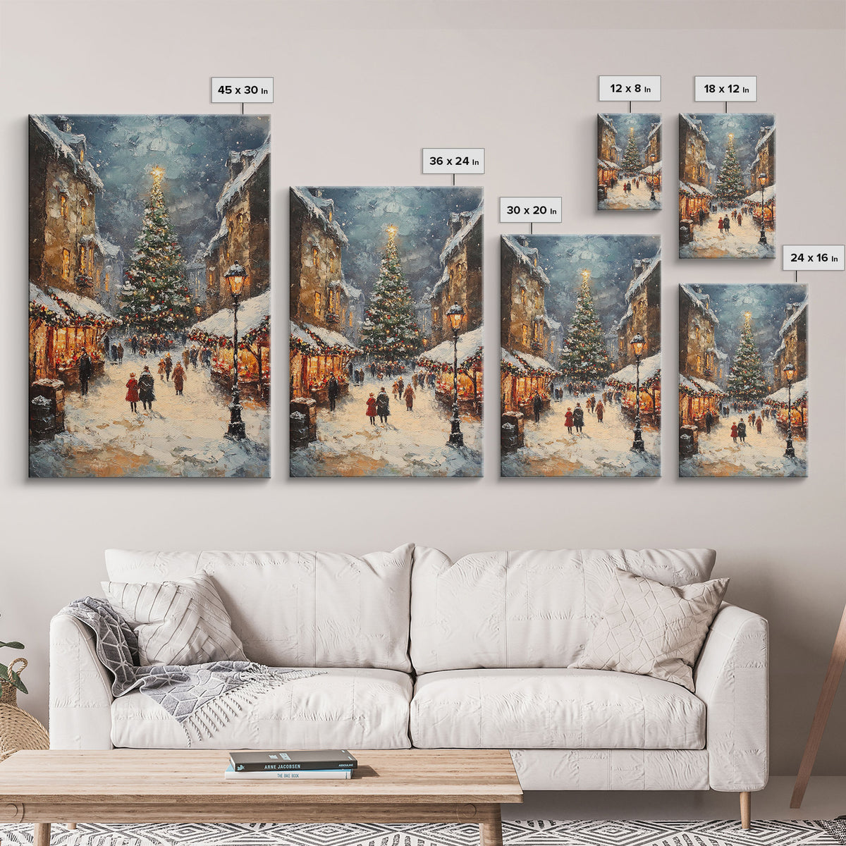 Christmas Market Scene With Tree And Snow Framed Canvas Print Vintage Holiday Village Scene Perfect For Christmas Wall Art And Holiday Decor
