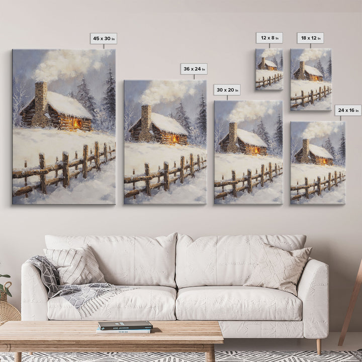 Rustic Cabin In Snow Framed Canvas Print Wall Art Christmas Home Decor, Winter Landscape Art, Cozy Winter Cabin Scene