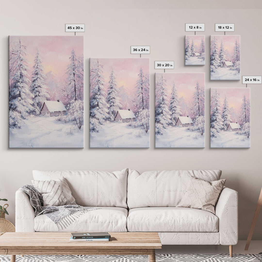 Pink Snowy Cabin Landscape Framed Canvas Print Wall Art Winter Wonderland Decor, Christmas Art Gift, Rustic Winter Scene Art