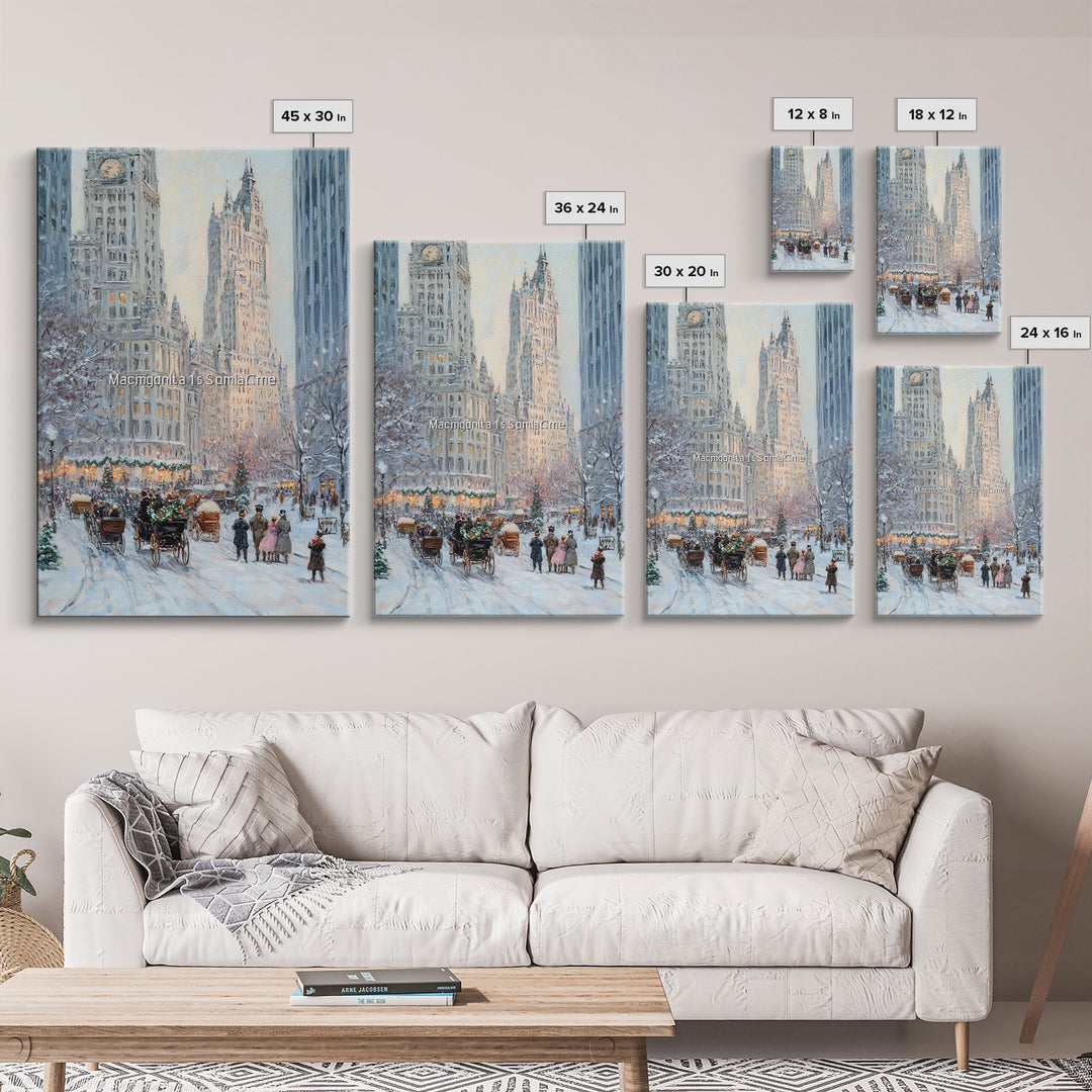 Historical City Winter Framed Canvas Print, Snowy Urban Landscape with Carriages and Victorian Architecture, Elegant Christmas Wall Art
