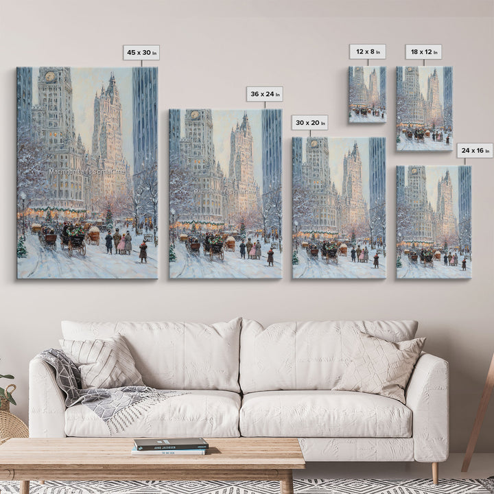 Historical City Winter Framed Canvas Print, Snowy Urban Landscape with Carriages and Victorian Architecture, Elegant Christmas Wall Art
