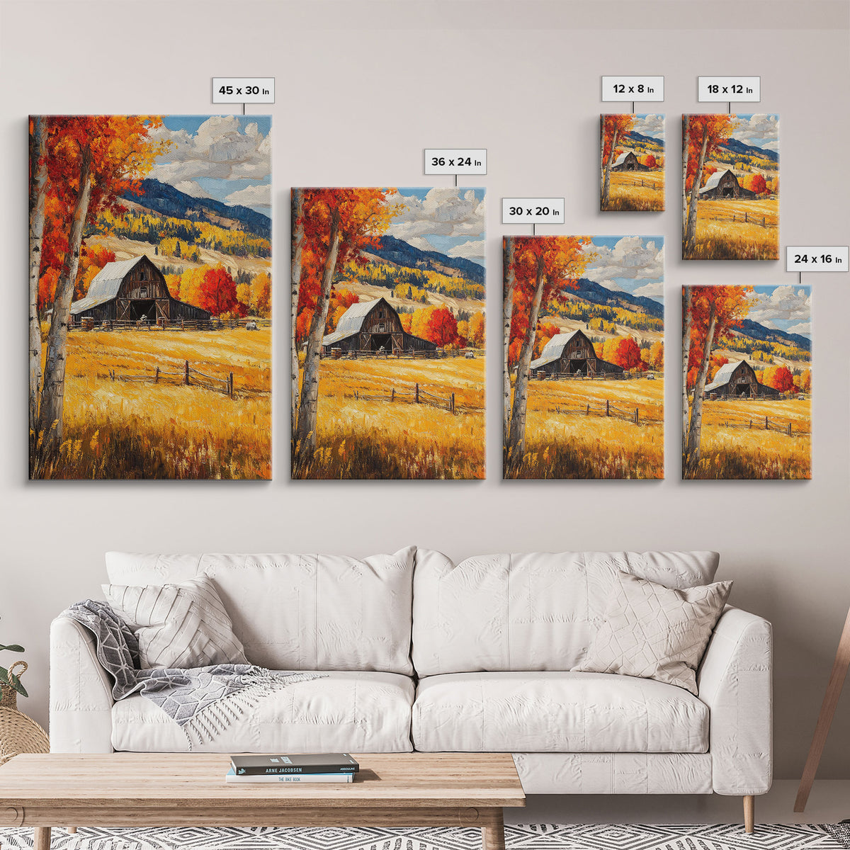 Countryside Barn in Autumn Framed Canvas Print, Bright Fall Landscape Birch Trees, Rustic Wall Art Country Home or Farmhouse Autumn Decor