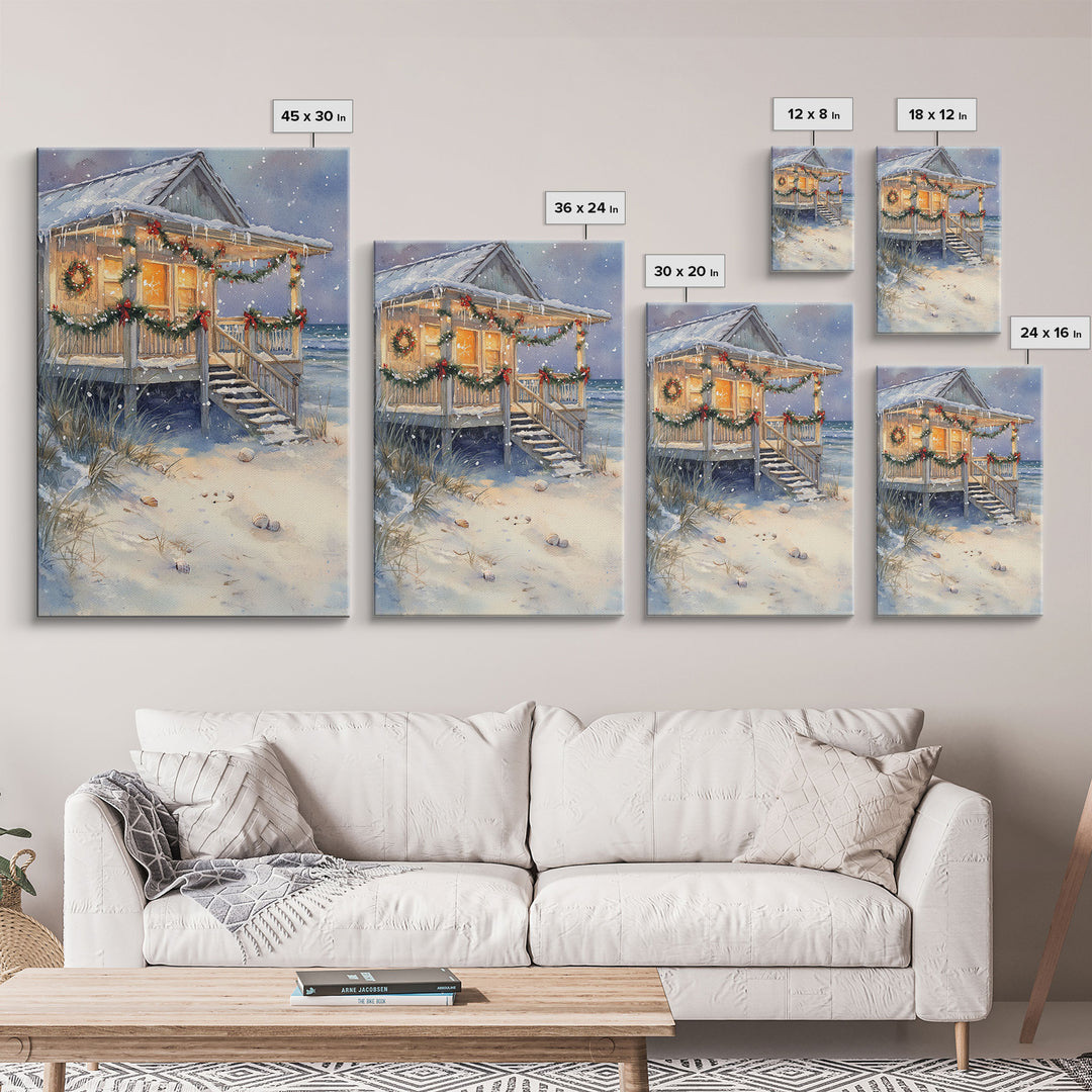 Beach Christmas Cottage Framed Canvas Print, Coastal Holiday Decor with Snow, Wreaths, and Shells, Perfect for Nautical Christmas Wall Art