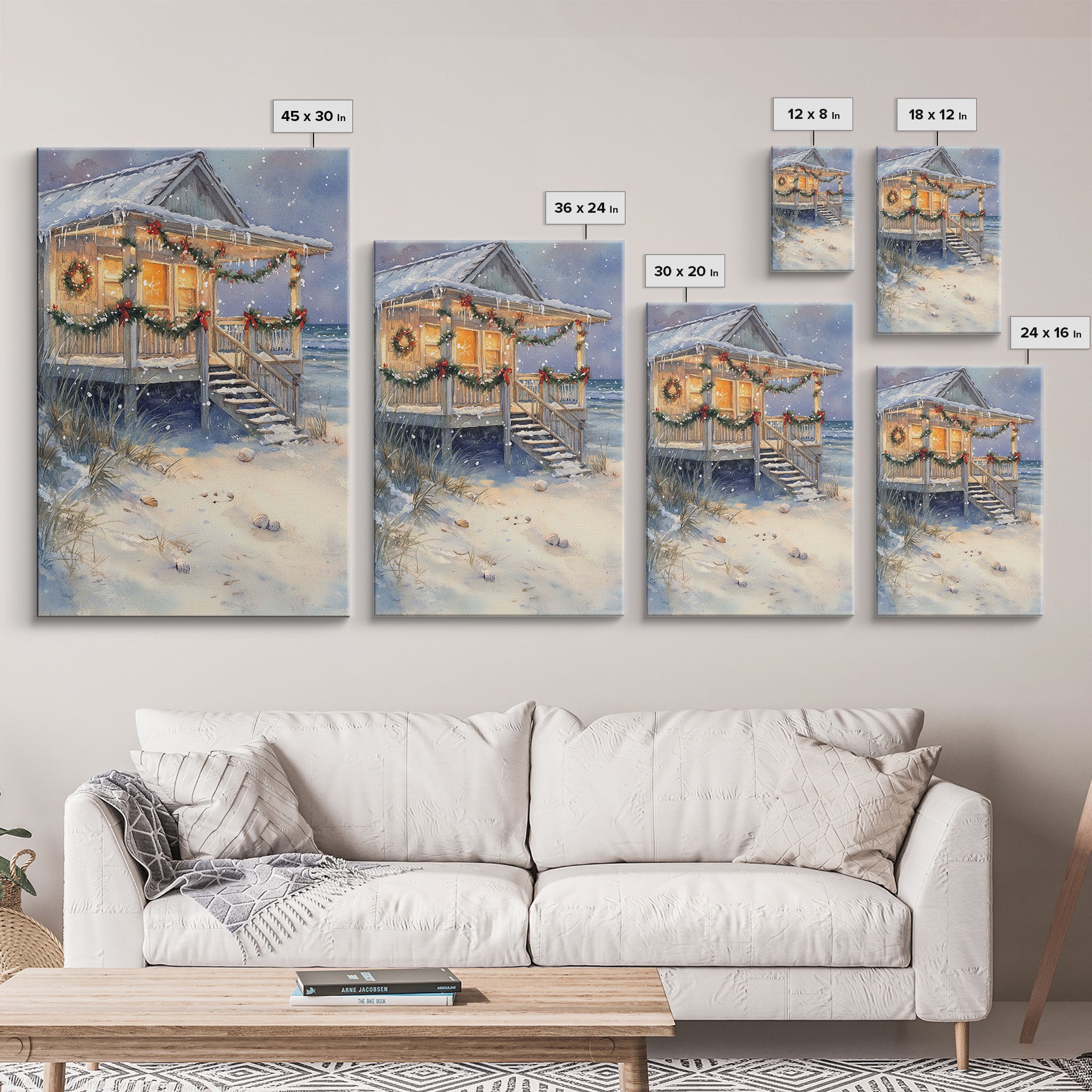 Beach Christmas Cottage Framed Canvas Print, Coastal Holiday Decor with Snow, Wreaths, and Shells, Perfect for Nautical Christmas Wall Art