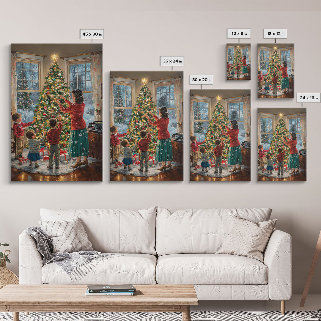 Retro Family Decorating Christmas Tree in Living Room, Classic Christmas Decor Scene, Perfect for Holiday Home, Framed Canvas Print