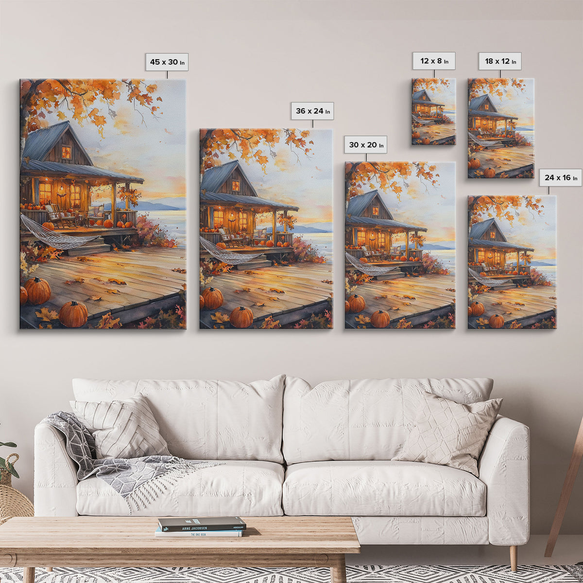 Cozy autumn cabin porch with pumpkins and scenic view, Framed Canvas Print, perfect above sofa art, fall seasonal decor, gallery wall