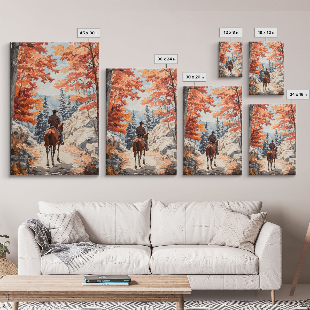 Cowboy riding through autumn forest, Framed Canvas Print, fall landscape wall art, western style decor for cozy homes, perfect gift idea